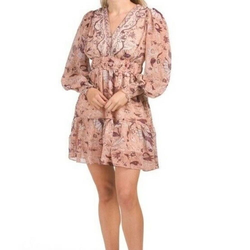 O.P.T  Floral Pink Boho Mini Dress Balloon Sleeve Tiered Ruffles Size XS